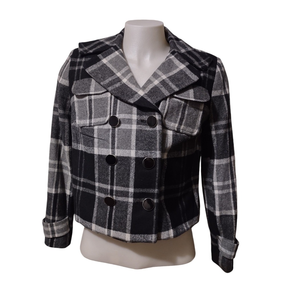 Worthington Jacket Women's Adult Large Gray Black Wool Blend Plaid Blazer Button